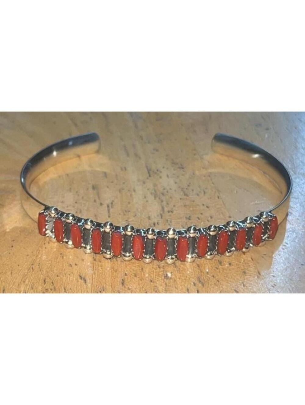 Zuni sterling silver coral traditional petit point bracelet cuff -Veronica